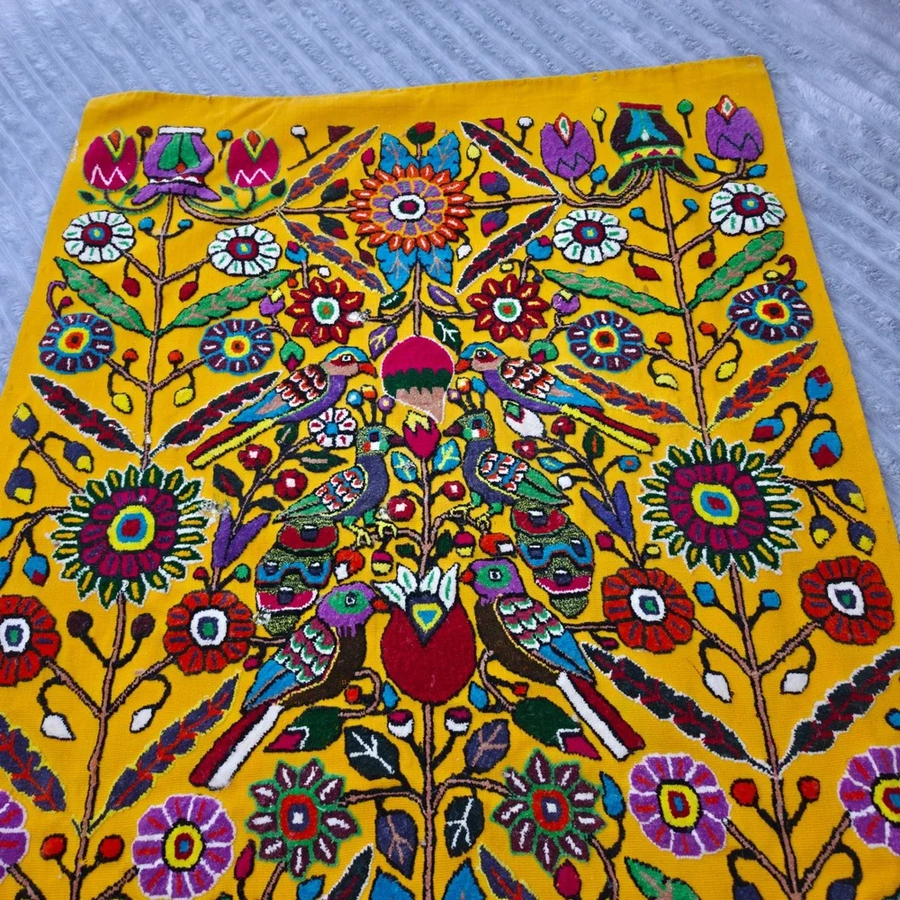 Vintage Mexican Otomi Tenango Hand Embroidered Floral Bird Textile Yellow 43x26